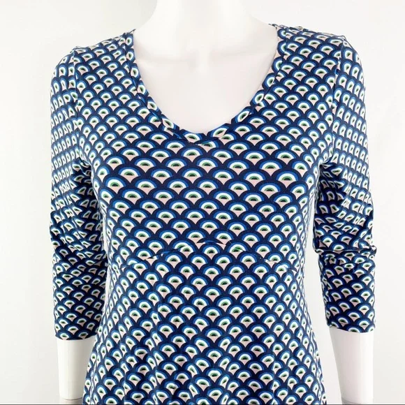 Boden Long Blue Patterned 3/4 Sleeve Short V-Neck Dress Size 6 - Picture 3 of 8